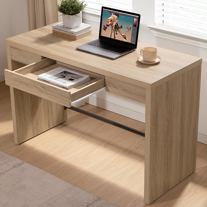 SICOTAS Home Office Executive Desk - 47-Inch Computer Desk with Drawer, Farmhouse Writing Study Desk with Storage,Boho Makeup Vanity Table for Bedroom (Reclaimed Light Oak, 2 Pieces)