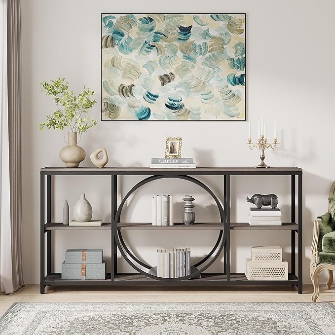 Tribesigns 70.9 inch Sofa Console Table, Extra Long Narrow Entryway Tables with 3 Tier Wood Storage Shelves Metal Frame for Foyer Hallway Living Room Behind Couch, Black Rustic Gray