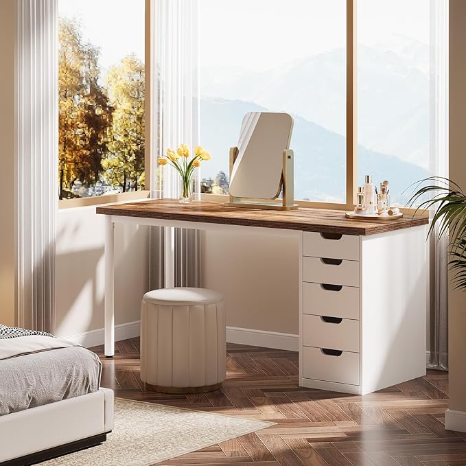 Tribesigns Modern Simple Computer Desk, 47 Inches PC Desk with 5 Reversible Drawers, Rustic Brown Study Writing Table Workstation for Home Office Small Spaces (Brown+White)
