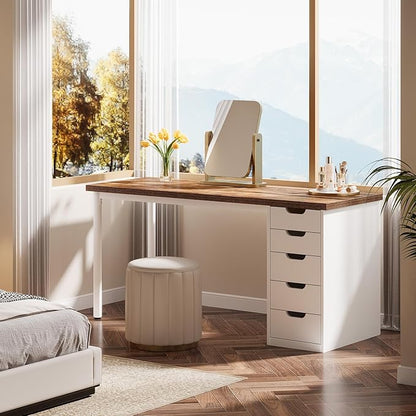 Tribesigns Modern Simple Computer Desk, 47 Inches PC Desk with 5 Reversible Drawers, Rustic Brown Study Writing Table Workstation for Home Office Small Spaces (Brown+White)