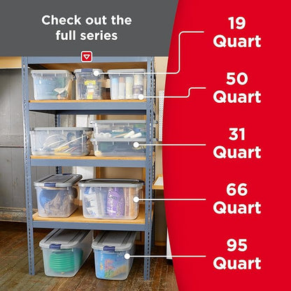 Rubbermaid Roughneck Clear 66 Qt/16.5 Gal Storage Containers, Pack of 4 with Latching Grey Lids, Visible Base, Sturdy and Stackable, Great for Storage and Organization