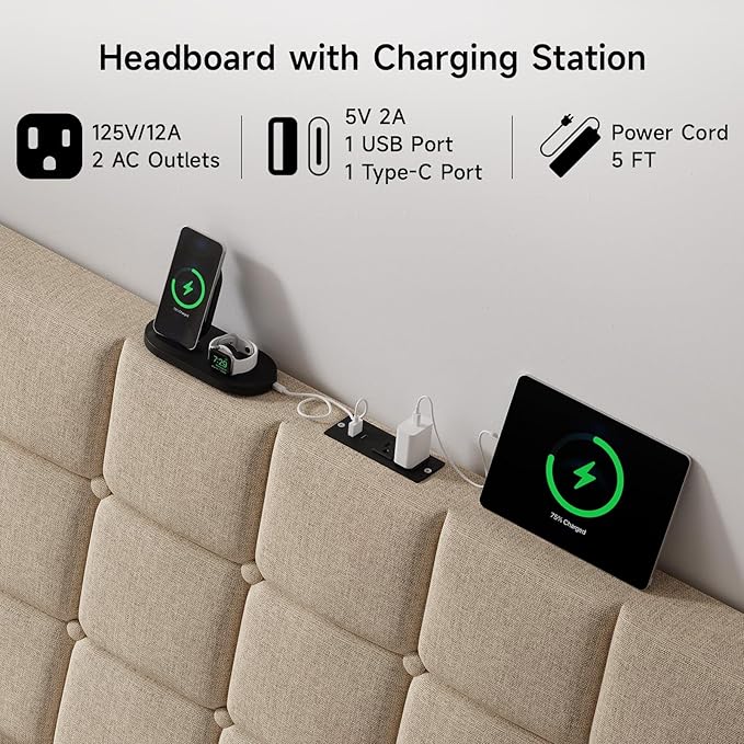 Ergonomic Upholstered Headboard Queen Size w/Charging Station, Linen Wingback Headboards w/Storage Pocket, Queen Headboard Only, Bed Frame Adapters, Sturdy Stable Solid Wood Bed Head Board, Beige