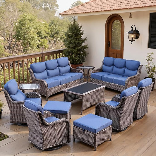 Belord Luxury 6" Thick Cushioned 11 Pieces Patio Furniture Set with Outdoor Couch, Wicker Outdoor Conversation Set with High Back Swivel Rocker Chairs for Deck Porch Yard and Poolside - Brown+Blue