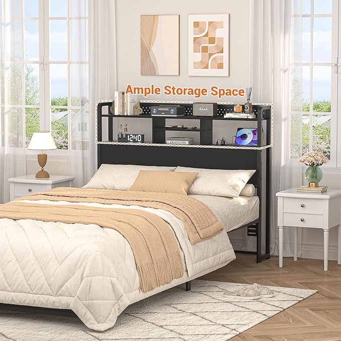 Unikito Headboard for Full Size Bed with Storage Shelf, Head Board with 3 Outlets and 2 USB Ports, Headboards with RGB LED Light, Height Adjustable, Sturdy and Stable, Easy Assembly, Black