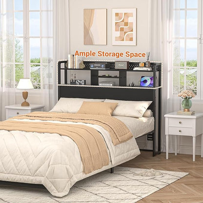Unikito Headboard for Full Size Bed with Storage Shelf, Head Board with 3 Outlets and 2 USB Ports, Headboards with RGB LED Light, Height Adjustable, Sturdy and Stable, Easy Assembly, Black