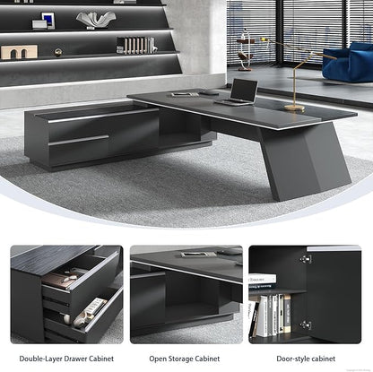 L-Shaped Black Executive Desk with Drawers, Large Modern Executive Office Desk with Storage Cabinets, Cable Box, Wide Desktop – Home Office Desk (Left, 79" L * 63" W * 30" H)