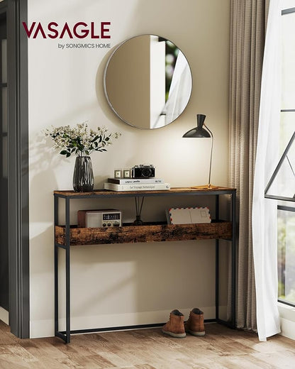 VASAGLE 2-Tier Entryway Table, Narrow Console Table, Semi-Open Compartments, 9.4 x 39.4 x 31.5 Inches, for Hallway, Living Room, Rustic Brown and Ink Black ULNT091K01