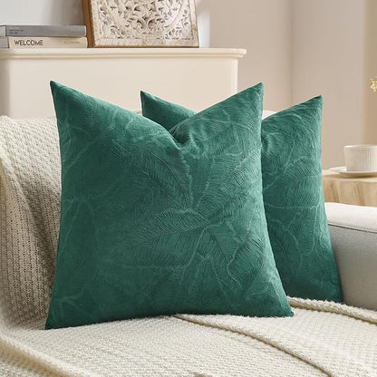 FUTEI Christmas Dark Green Velvet Throw Pillow Covers 20x20 Inch Set of 2,Soft Embossed Leaf-Relief Textured Cushion Cases,Natural Home Decor for Couch Living Room