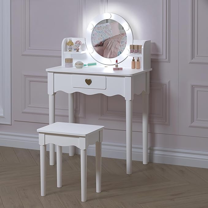 UTEX Kids Vanity, Girls Vanity Set with Mirror and Stool and Lights, Kids Vanity Table and Chair Set,Wooden Princess Makeup Desk Dressing Table, White