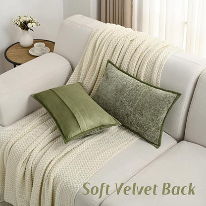 FUTEI Sage Green Chenille Throw Pillow Covers 12x20 Inch Set of 2,Soft Cozy Bound Edge Design Lumbar Pillow Cases,Home Decor for Couch Bed Living Room