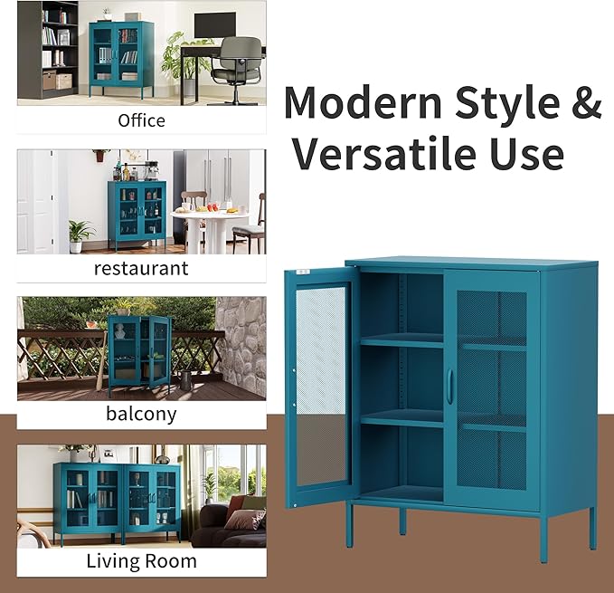 Metal Storage Cabinet with Mesh Doors,Steel Display Cabinet with Adjustable Shelves,Metal Office Storage Locker for Home Office,Garage(Blue, 40''H)
