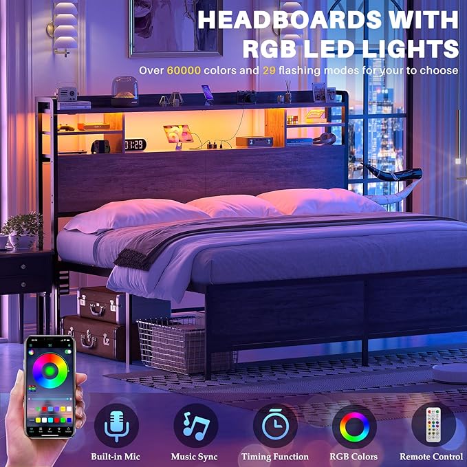Aheaplus Headboard for Queen Size Bed with Storage, Headboards with LED Light, Power Outlets, USB Ports Queen Size Head Board, Wood headboard Only Sturdy and Stable Headboards, Modern, Black Oak