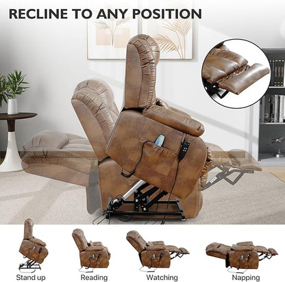 EDILLY Extra Large Power Lift Recliner Chairs for Elderly,Infinite Position Lay Flat Dual Motor Recliners Chair,with Heating and Massage, Breathable Leather,USB Ports and Remote Control(Orche)