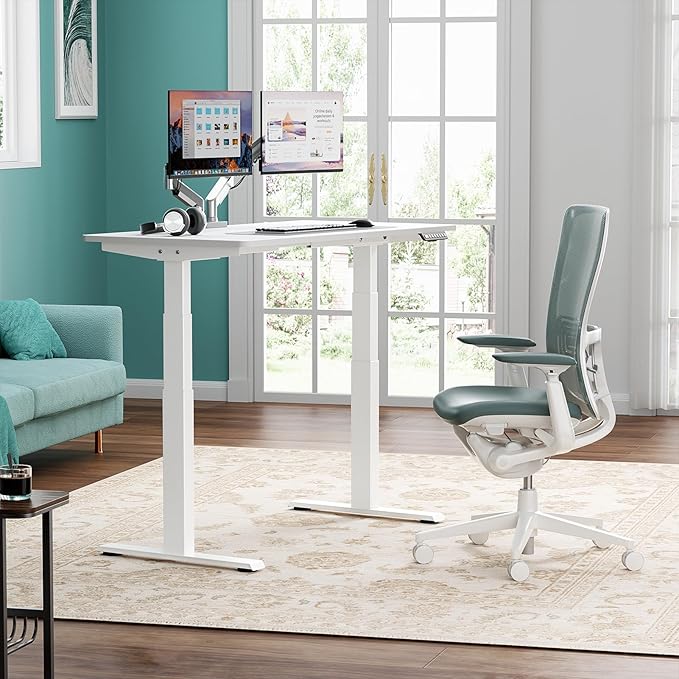 3 Stages Dual Motor Electric Standing Desk with One Piece Desktop, 48 x 24 Inch Adjustable Height Sit to Stand Up Desk for Home Office, Work & Study, White Frame & White Desktop (2 Packages)
