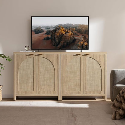 SICOTAS 68" W Rattan Sideboard Buffet Cabinet with Storage Set of 2, Mid Century Modern Credenza with Arch Doors & Shelves Boho Coffee Bar Media Console Cabinets for Kitchen, Living Room, Entryway