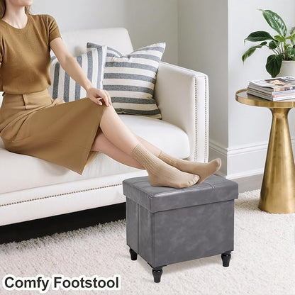 GLAXYFUR Storage Ottoman Bench, 15 Inches Foldable Ottoman Foot Stool with Legs, PU Leather Footrest for Living Room, Bedroom, Dorm (Grey)