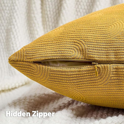 FUTEI Mustard Yellow Chenille Decorative Throw Pillow Covers 22x22 Inch Set of 2,Soft Cozy Striped Geometric Patterns Cushion Cases,Modern Home Decor for Couch Bed Living Room