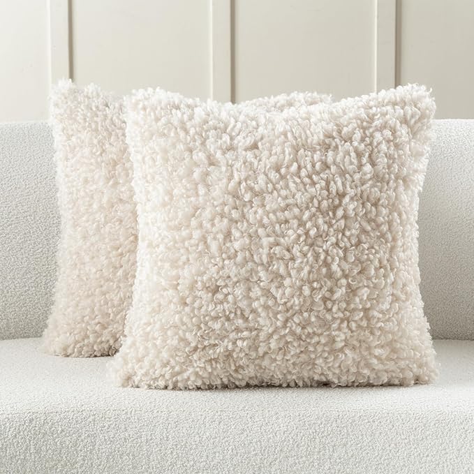 FUTEI Beige Decorative Throw Pillow Covers 24x24 Inch Set of 2,Soft Fluffy Faux Wool Fur Boucle Textured European Cushion Case,Modern Home Decor for Couch Bed Living Room Office