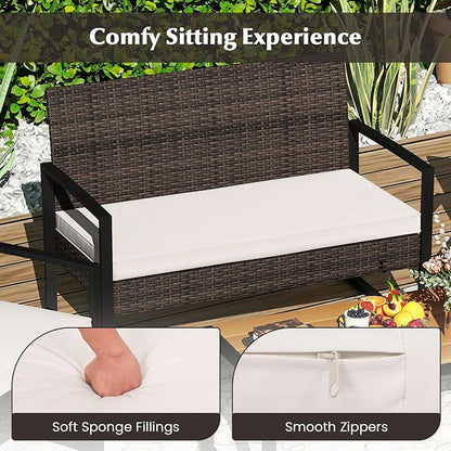 Tangkula 4 Pieces Patio Furniture Set, Outdoor Rattan Conversation Set w/Cushioned Chairs & Wood Plastic Coffee Table, Wicker Sectional Seating Furniture for Backyard, Poolside, Porch (Off White,1)