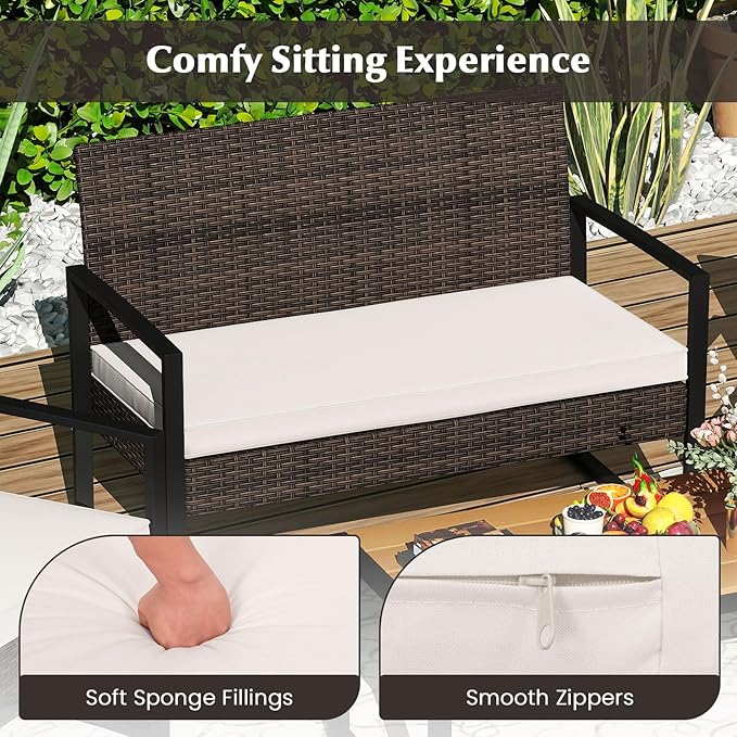 Tangkula 8 Pieces Patio Furniture Set, Outdoor Rattan Conversation Set w/Cushioned Chairs & Wood Plastic Coffee Table, Wicker Sectional Seating Furniture for Backyard, Poolside, Porch (Off White,2)
