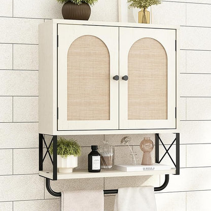 RUSTOWN Rattan Bathroom Wall Cabinet, Boho Over The Toilet Storage Cabinet with Arched Rattan Doors, Modern Medicine Cabinet with Adjustable Shelves & Towel Bar (Vintage White, Medium)