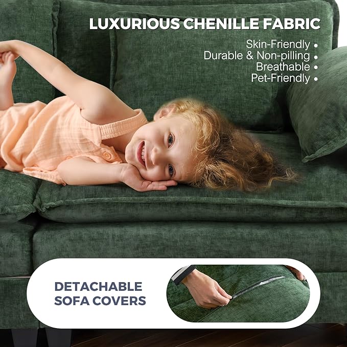 ELUCHANG 116" U Shaped Modular Sectional Cloud Couch with Pillow, Deep Seat Sofa Couches for Living Room, 5-Seat Modern Sofa with Movable Ottoman, Chenille Olive Green