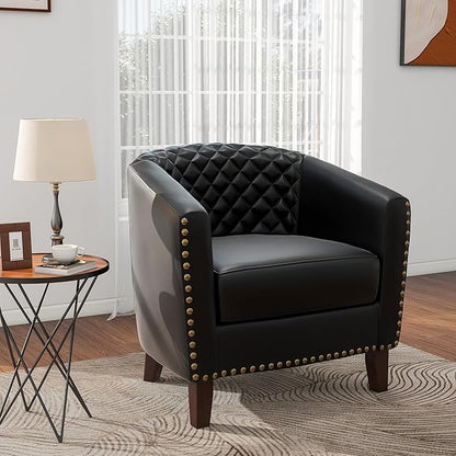 Pia Ricco Faux Leather Barrel Chairs Set of 2, Modern Comfy Accent Chairs, Upholstered Armchair Club Chairs with Nailhead Trim, Single Sofa Barrel Chair for Living Room Reading Room, Black