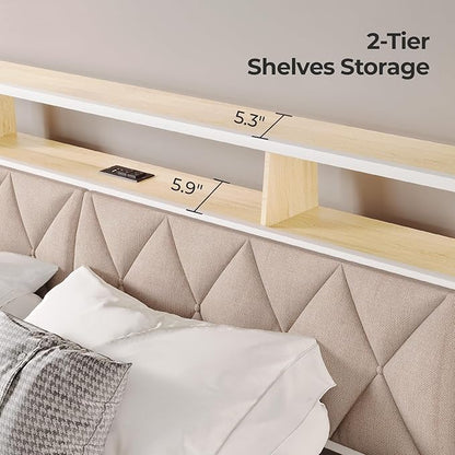 King Headboard Only, Headboard for King Size Bed with Storage, Upholstered Headboards with LED Lights & Charging Station, Attach Frame, Ideal for Bedroom/Dorm/Guest Room, White & Beige