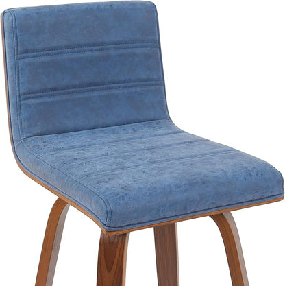 Armen Living Vienna Modern Swivel 30" Bar Height Barstool with Vintage Blue Faux Leather and Walnut Wood Finish