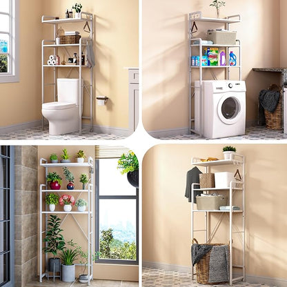 Over The Toilet Storage Rack with 3-Tier Bathroom Shelves, Space Saver Toilet Shelf, Bathroom Storage Organizer with Hooks for Over Toilet Storage and Shelf (White)