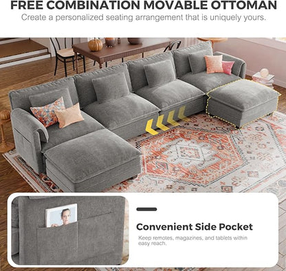 ELUCHANG Oversized 116" Modular Sectional Sofa, Comfy Cloud Couch, U Shaped Deep Seat Sofa Couches for Living Room, 5-Seater Modern Sofa with Movable Ottoman, DIY Combination - Chenille Light Grey