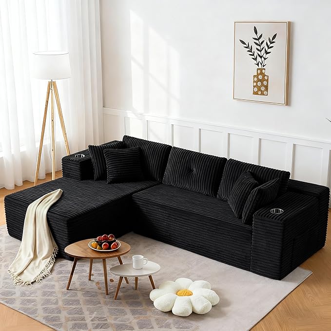 Modular Sectional Sofa, L Shaped Comfy Cloud Couch with Deep Seat, Boneless Couch for Living Room, Modern Sectional Sleeper with Chaise, No Assembly Required, Sofa in A Box, Black Corduroy