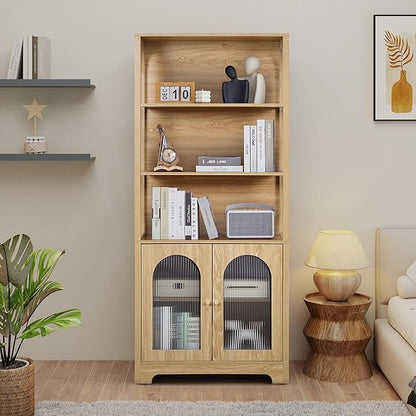 RARZOE 71" Tall Bookshelf and Bookcase, 5-Tier Arched Bookshelf with Glass Doors, Floor Standing 5 Shelf Book case, Wood Display Cabinet Storage Organizer for Living Room, Bedroom, Office(Natural)