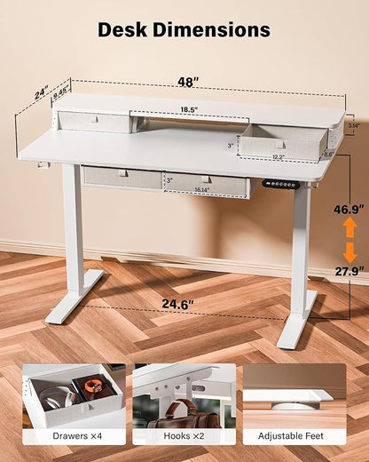 FiCiHi Adjustable Height Standing Desk with 4 Drawers,48 x 24 inches Electric Sit Stand Home Office Desk with Two Tiers, 3 Memory Presets, Monitor Stand Riser