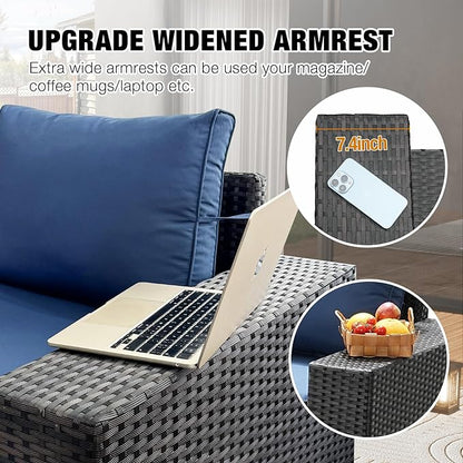 7 Pieces Patio Furniture Set All-Weather Outdoor Wicker Sectional Conversation Sofa Rattan Patio Seating Sofa with Cushion and Glass Table and Ottoman for Porch Poolside,Navy