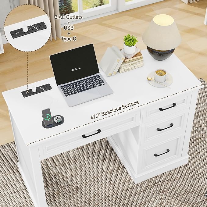Vabches Farmhouse 47" Executive Desk, Computer Desk with Drawers and File Drawer, Workstation Computer Desk with Charging Station for Home Office,Study,Cream White.