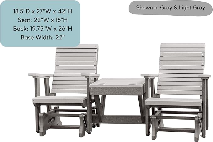 DutchCrafters Modern Horizontal Slat High Back Poly Double Glider Chairs with Center Table Outdoor Patio Furniture (White & Aruba Blue)