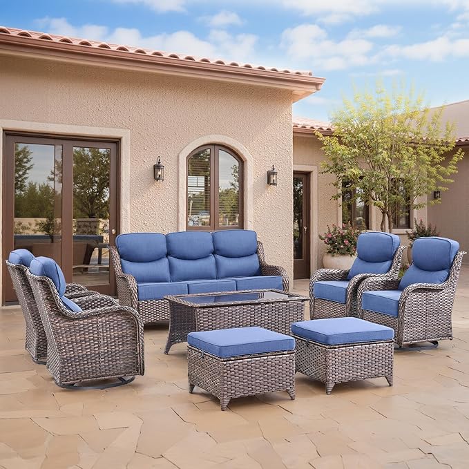 Swivel Patio Chairs Set of 3 with 6" Thick Cushion - Wicker Outdoor Swivel Rocker Patio Chairs with Side Table, High Back Comfortable Outdoor Glider Chairs - Brown Wicker Blue Cushion