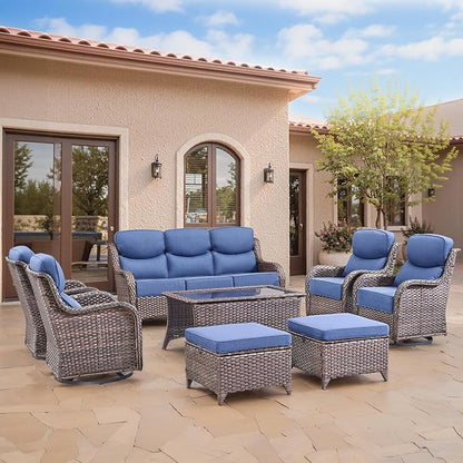 Swivel Patio Chairs sofa Set of 5 with 6" Thick Cushion - Wicker Outdoor Swivel Rocker Patio Chair with Side Table, High Back Comfortable Outdoor Glider Chairs - Brown Wicker | Blue Cushions