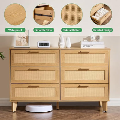 6 Drawer Dresser for Bedroom, Modern Wooden Chest of Drawers with Metal Handles, Anti-Tipping Design, Sturdy and Stable Storage Organizer for Living Room, TV Stand,Natural Oak