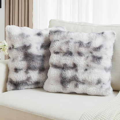 FUTEI Grey White Decorative Throw Pillow Covers 16x16 Inch Set of 2,Soft Fuzzy Faux Rabbit Fur Cushion Covers with Raised Texture,Neutral Boho Home Decor for Couch Bed Living Room