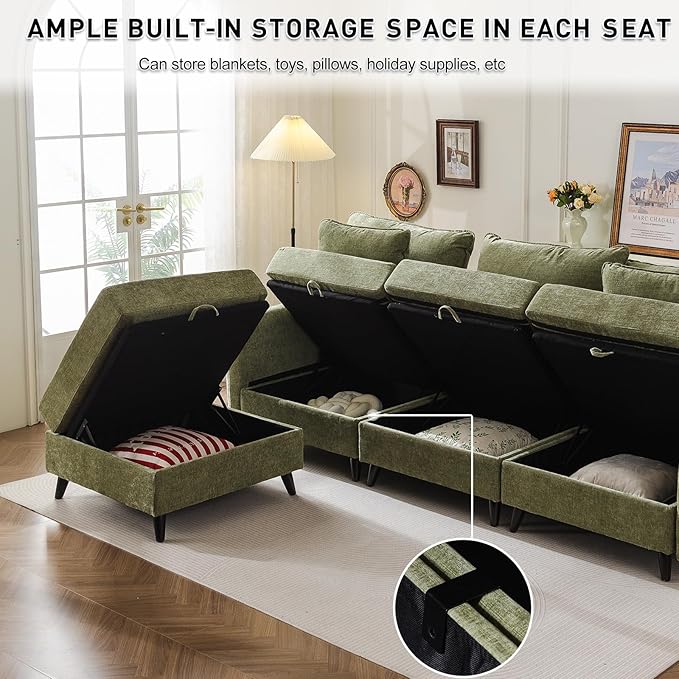 135'' Modular Sectional Sofa with All Seats Storage, Oversized Sleeper Sofa Bed,4-Seater Comfy Cloud Couches with Movable Ottoman,Big Sectionals for Living Room,Bedroom,Velet,Green