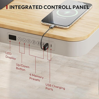 Standing Desk with Drawer, Electric Height Adjustable Home Office Desk with Storage & USB Ports, 48 inch Bamboo Texture Tabletop/White Frame
