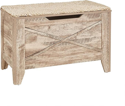 VECELO 30" Storage Bench, Entryway Shoe Ottoman, Farmhouse Style Bench with Handwoven Cushion and Metal Safety Hinges, for Bedroom, Living Room, Entryway, Wood