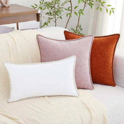 decorUhome Chenille Soft Throw Pillow Covers 18x18 Set of 2, Farmhouse Velvet Neutral Decorative Euro Pillow Covers with Stitched Edge for Couch Sofa Bed Home Decor, White
