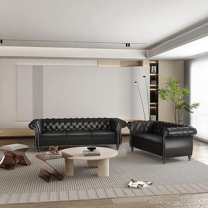 Chesterfield 3 Seater Sofa, Modern Leather Tufted Couch 3 Seater with Rolled Arms and Nailhead Mid-Century Upholstered Couch for Living Room, Bedroom, Apartment and Office, Black
