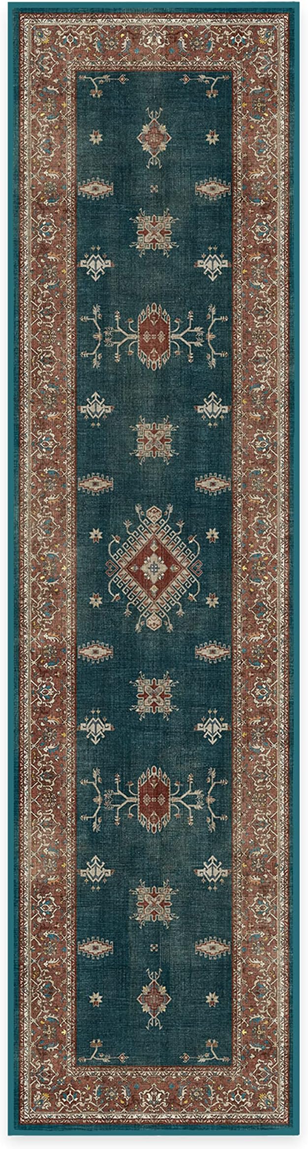 RUGGABLE Washable Vintage Runner Rug – Verena Teal Blue 2.5x10, Stain-Resistant, Non-Slip Hallway Runner – Machine Washable Rug for Hallway, Entryway, Living Room & Kitchen–with Standard Pad