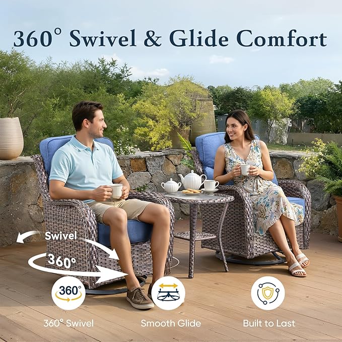 Belord Luxury 6" Thick Cushioned 10 Pieces Patio Furniture Set with Fire Pit Table, Wicker Outdoor Conversation Set with High Back Swivel Rocker Chairs for Deck Porch Yard and Poolside - Brown+Blue