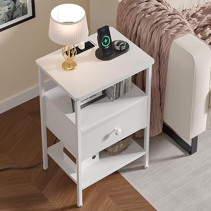 VECELO Night Stand with Charging Station, End Tables with Open Storage Shelf, Bed Side Tables with Fabric Drawers for Bedroom,Living Room,Elegant White