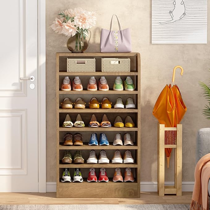 Tribesigns Shoe Rack for Entryway, 8-Tier Tall Shoe Shelf Shoes Storage, Wooden Shoe Cabinet Organizer for Closet, Hallway, Living Room, Wood Color, 2 Pcs